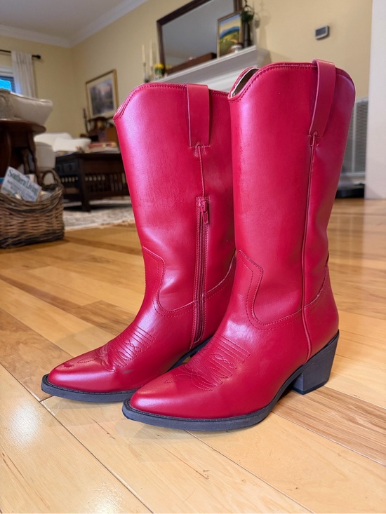 N/A Shoes - Vibrant Red Western Cowboy Boots | Pointed Toe Vegan Faux Leather Mid-Calf Boots